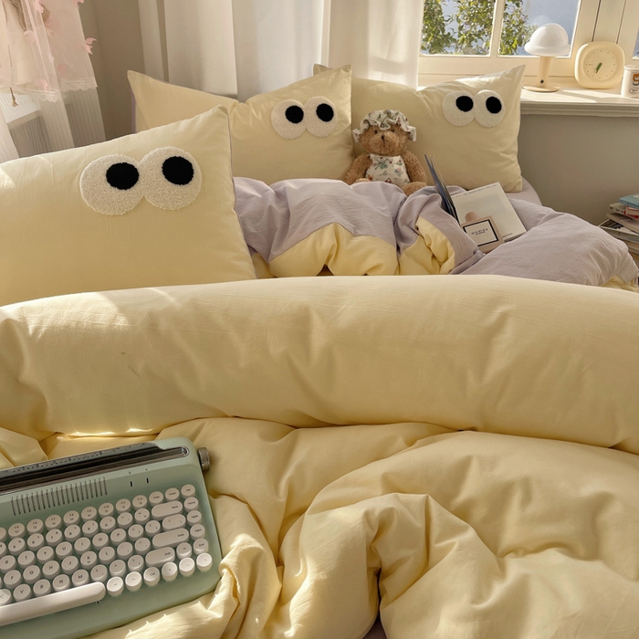 91家纺网 家纺一手货源 找家纺 桃心家居 2026新款A类亲肤舒适软糯云柔水洗棉大眼睛毛巾绣混搭格子撞色系列四件套 云柔水洗棉-大眼奶油葡萄