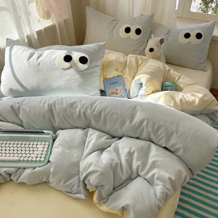 91家纺网 家纺一手货源 找家纺 桃心家居 2026新款A类亲肤舒适软糯云柔水洗棉大眼睛毛巾绣混搭格子撞色系列四件套 云柔水洗棉-大眼海盐奶黄