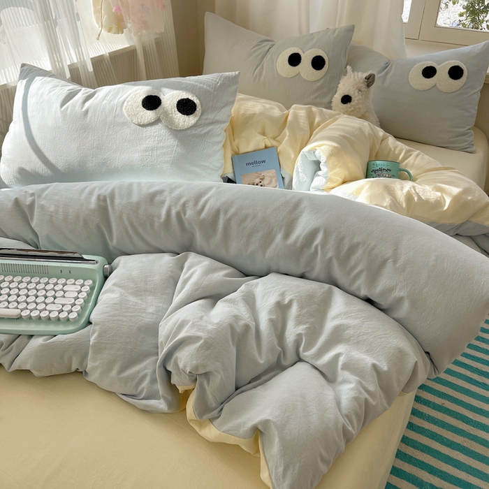 91家纺网 家纺一手货源 找家纺 桃心家居 2026新款A类亲肤舒适软糯云柔水洗棉大眼睛毛巾绣混搭格子撞色系列四件套 云柔水洗棉-大眼海盐奶黄