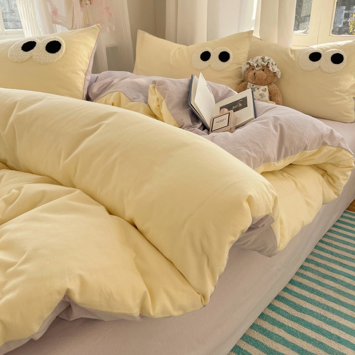 91家纺网 家纺一手货源 找家纺 桃心家居 2026新款A类亲肤舒适软糯云柔水洗棉大眼睛毛巾绣混搭格子撞色系列四件套 云柔水洗棉-大眼奶油葡萄