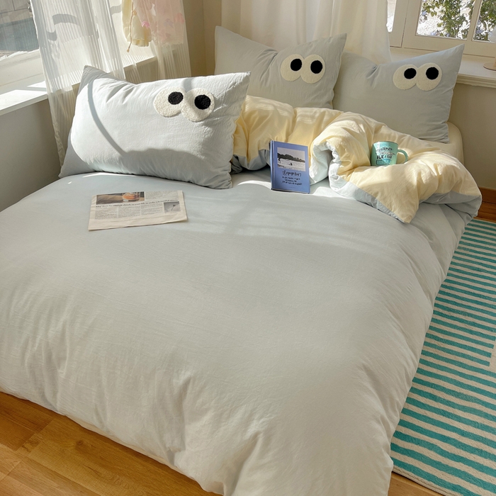 91家纺网 家纺一手货源 找家纺 桃心家居 2026新款A类亲肤舒适软糯云柔水洗棉大眼睛毛巾绣混搭格子撞色系列四件套 云柔水洗棉-大眼海盐奶黄