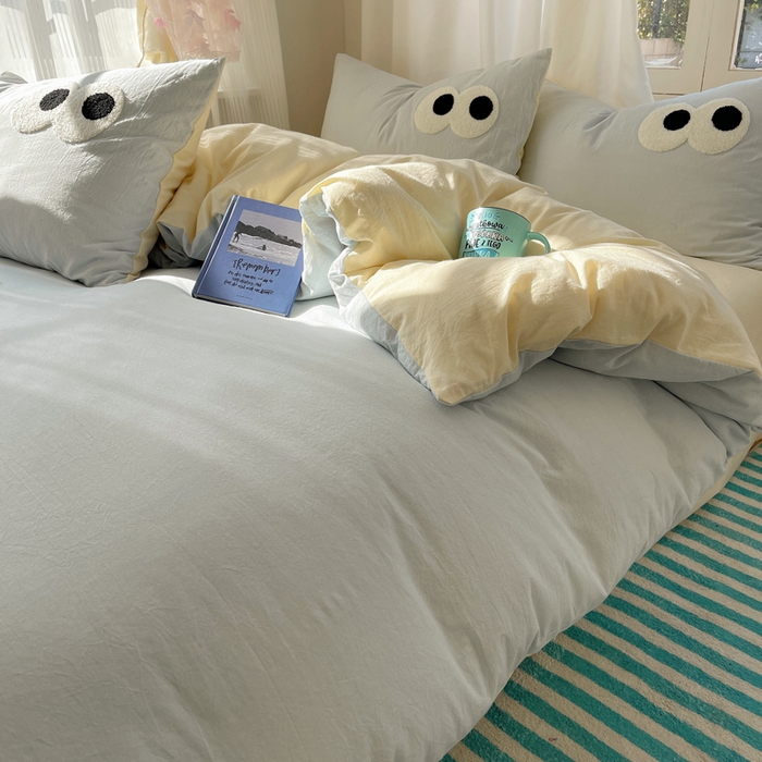 91家纺网 家纺一手货源 找家纺 桃心家居 2026新款A类亲肤舒适软糯云柔水洗棉大眼睛毛巾绣混搭格子撞色系列四件套 云柔水洗棉-大眼海盐奶黄