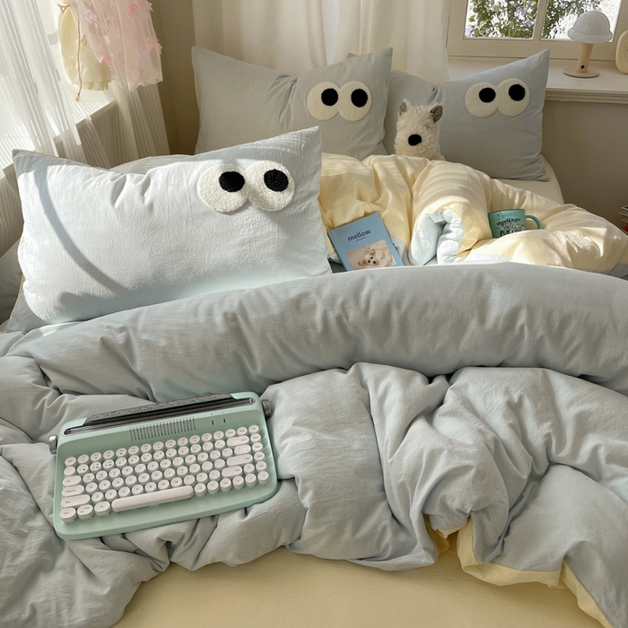 91家纺网 家纺一手货源 找家纺 桃心家居 2026新款A类亲肤舒适软糯云柔水洗棉大眼睛毛巾绣混搭格子撞色系列四件套 云柔水洗棉-大眼海盐奶黄