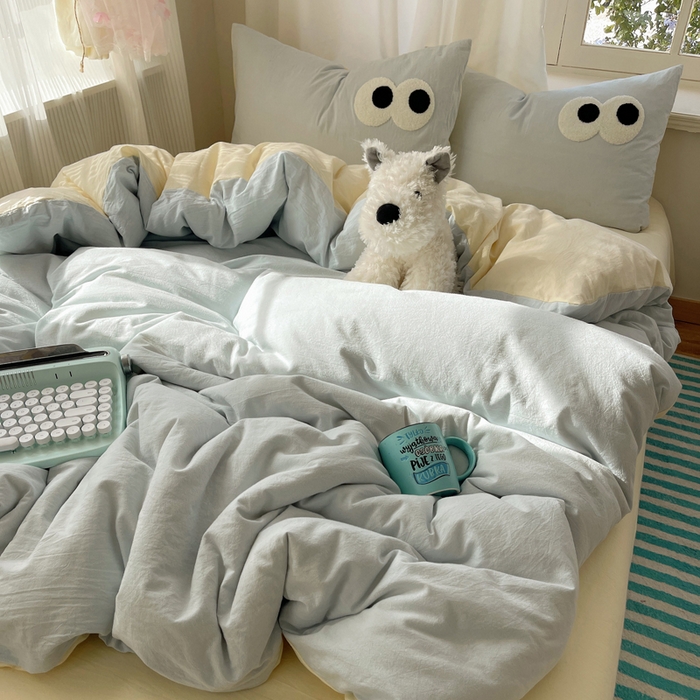 91家纺网 家纺一手货源 找家纺 桃心家居 2026新款A类亲肤舒适软糯云柔水洗棉大眼睛毛巾绣混搭格子撞色系列四件套 云柔水洗棉-大眼海盐奶黄