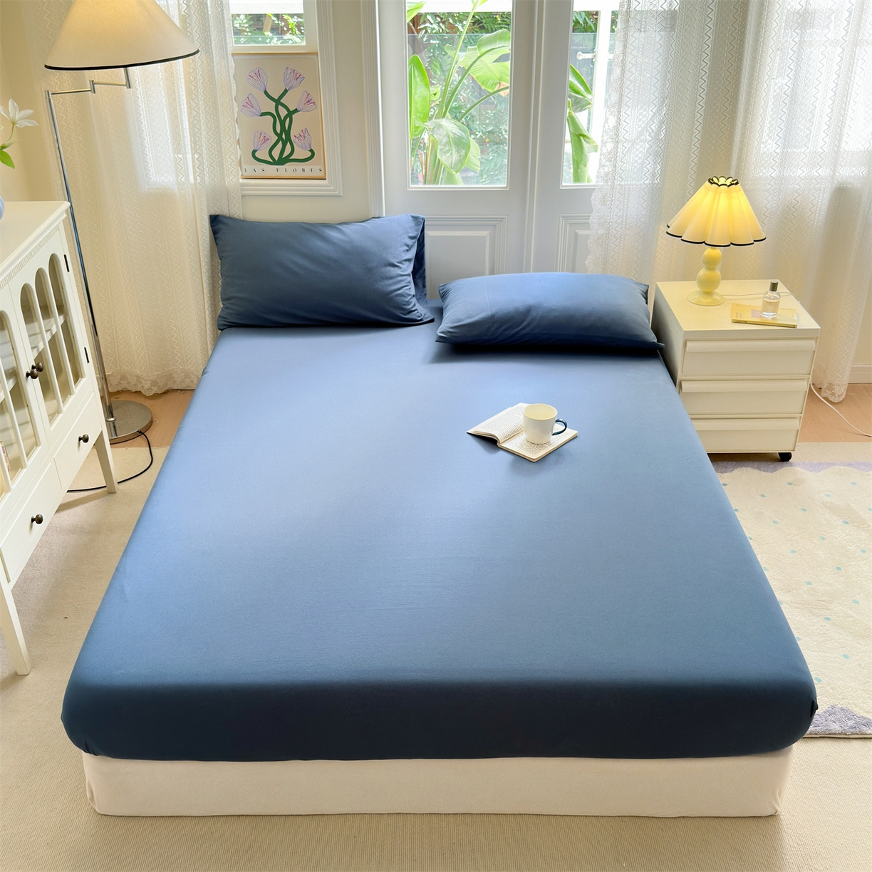 91家纺网 家纺一手货源 找家纺 舒居家纺 2026新款全棉针织棉床笠 湖蓝