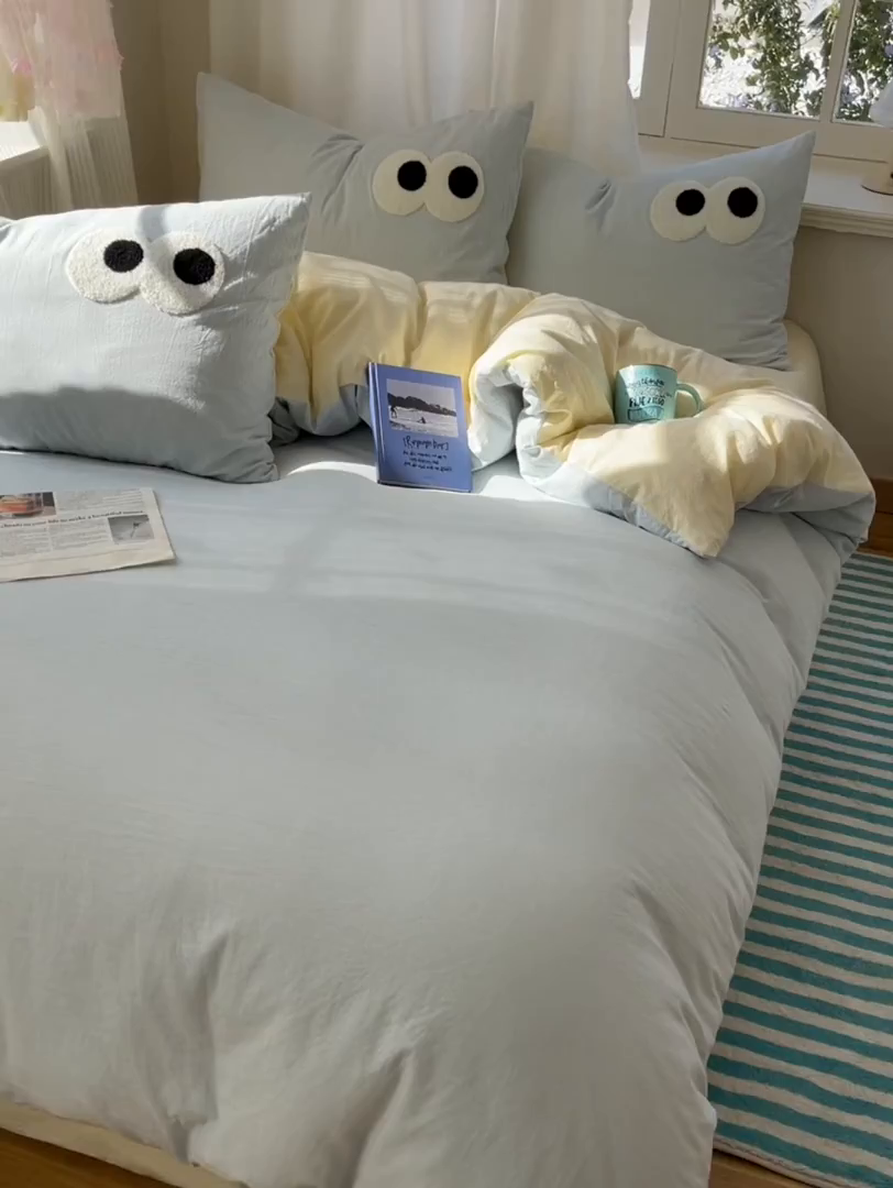 91家纺网 家纺一手货源 找家纺 桃心家居 2026新款A类亲肤舒适软糯云柔水洗棉大眼睛毛巾绣混搭格子撞色系列四件套 云柔水洗棉-大眼海盐奶黄