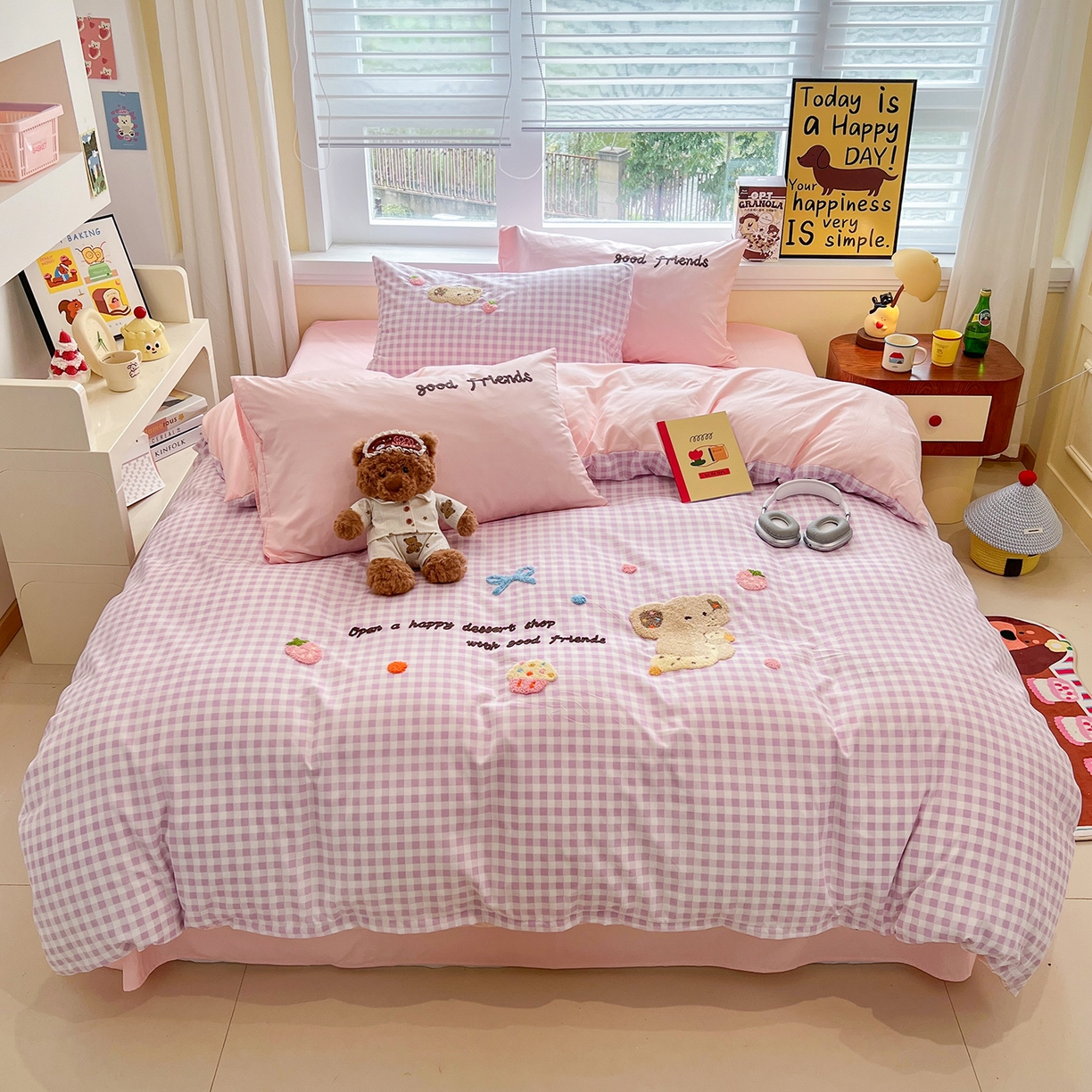 桃心家居 2026新款A类亲肤舒适软糯云柔水洗棉少女卡通格子混搭毛巾绣水洗棉系列四件套 云柔水洗棉-毛巾绣草莓象