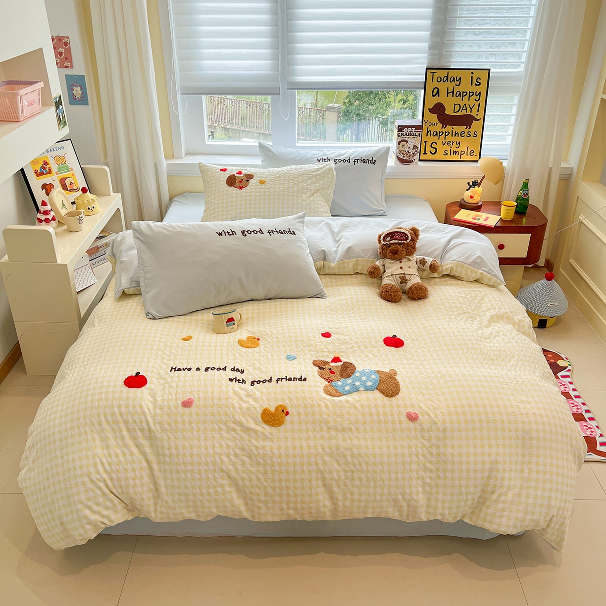 桃心家居 2026新款A类亲肤舒适软糯云柔水洗棉少女卡通格子混搭毛巾绣水洗棉系列四件套 云柔水洗棉-毛巾绣美好小腊肠