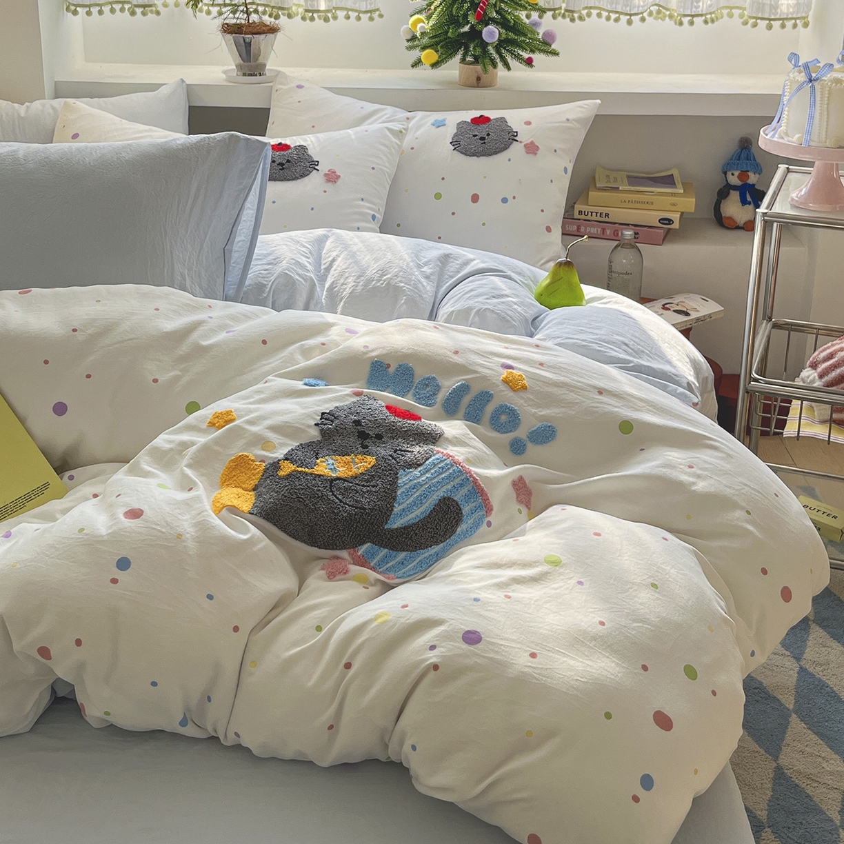 91家纺网 家纺一手货源 找家纺 桃心家居 2026新款A类亲肤舒适软糯云柔水洗棉少女卡通格子混搭毛巾绣水洗棉系列四件套 云柔水洗棉-印加绣爱吃鱼