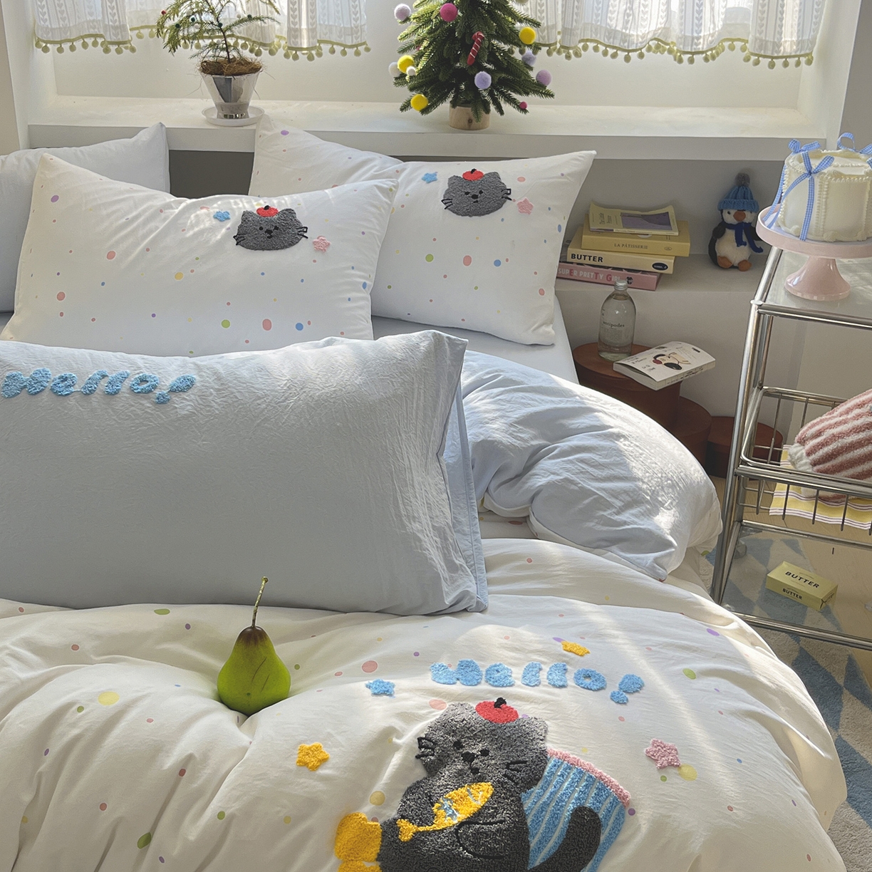 91家纺网 家纺一手货源 找家纺 桃心家居 2026新款A类亲肤舒适软糯云柔水洗棉少女卡通格子混搭毛巾绣水洗棉系列四件套 云柔水洗棉-印加绣爱吃鱼