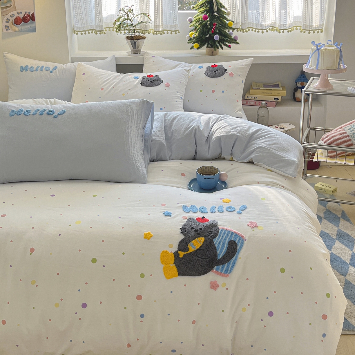 91家纺网 家纺一手货源 找家纺 桃心家居 2026新款A类亲肤舒适软糯云柔水洗棉少女卡通格子混搭毛巾绣水洗棉系列四件套 云柔水洗棉-印加绣爱吃鱼