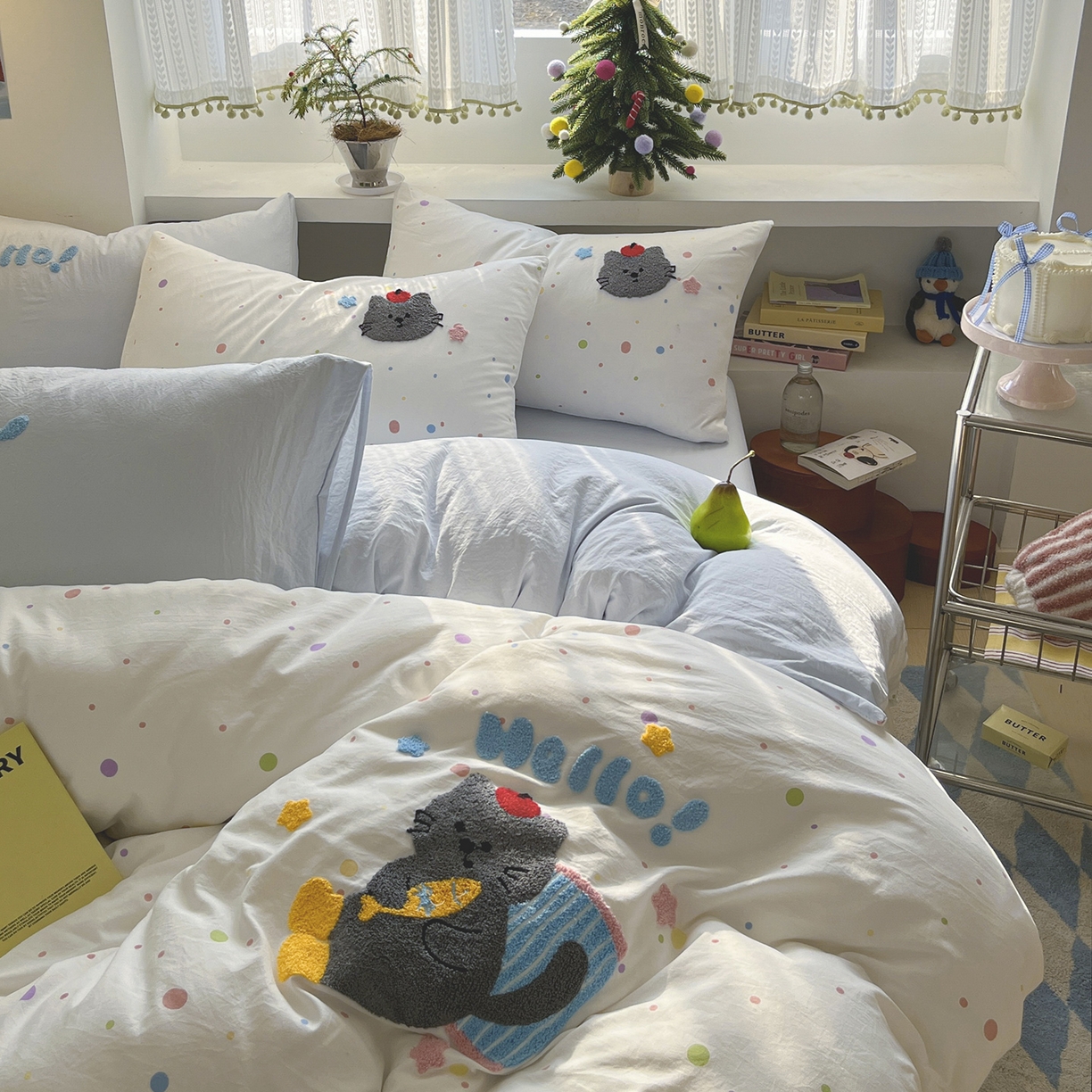 91家纺网 家纺一手货源 找家纺 桃心家居 2026新款A类亲肤舒适软糯云柔水洗棉少女卡通格子混搭毛巾绣水洗棉系列四件套 云柔水洗棉-印加绣爱吃鱼