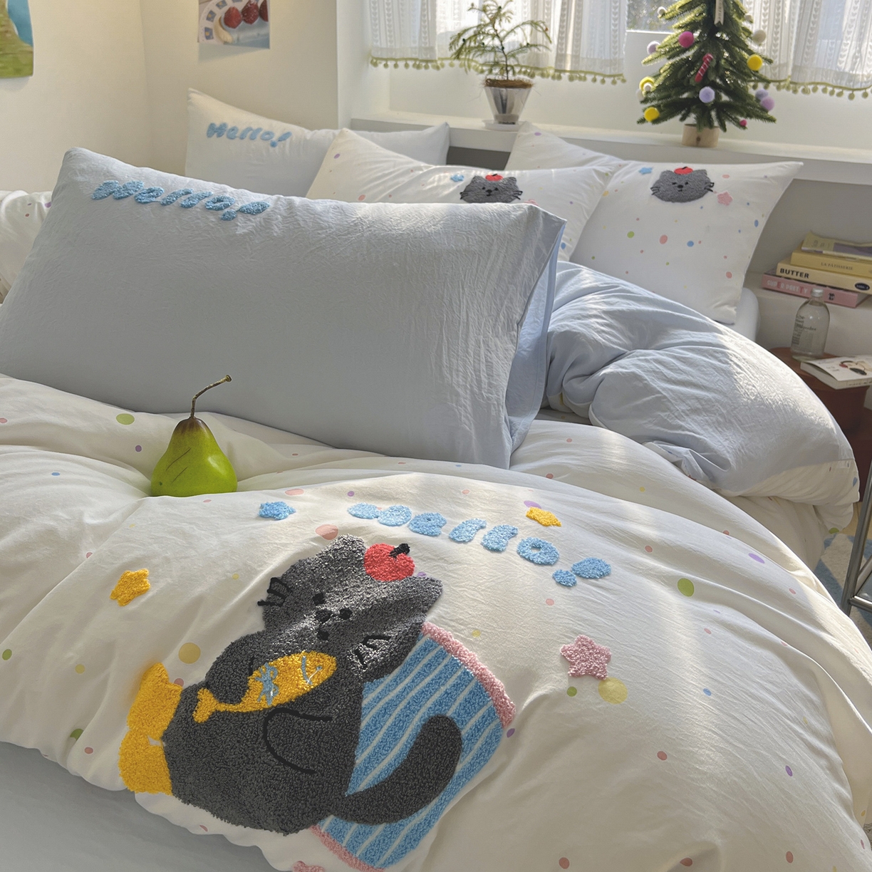 91家纺网 家纺一手货源 找家纺 桃心家居 2026新款A类亲肤舒适软糯云柔水洗棉少女卡通格子混搭毛巾绣水洗棉系列四件套 云柔水洗棉-印加绣爱吃鱼