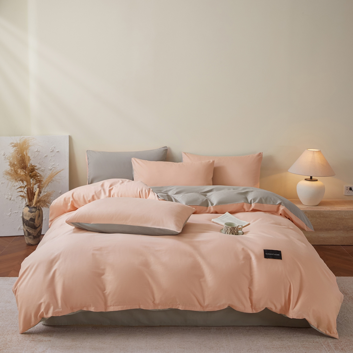 91家纺网 家纺一手货源 找家纺 寐眠 2026新款全棉纯棉纯色双拼四件套 珊瑚粉忆