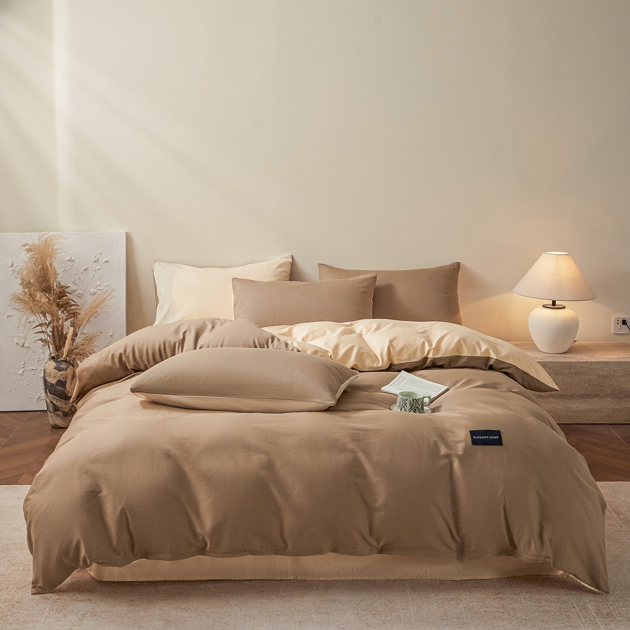 91家纺网 家纺一手货源 找家纺 寐眠 2026新款全棉纯棉纯色双拼四件套 暖棕卡其