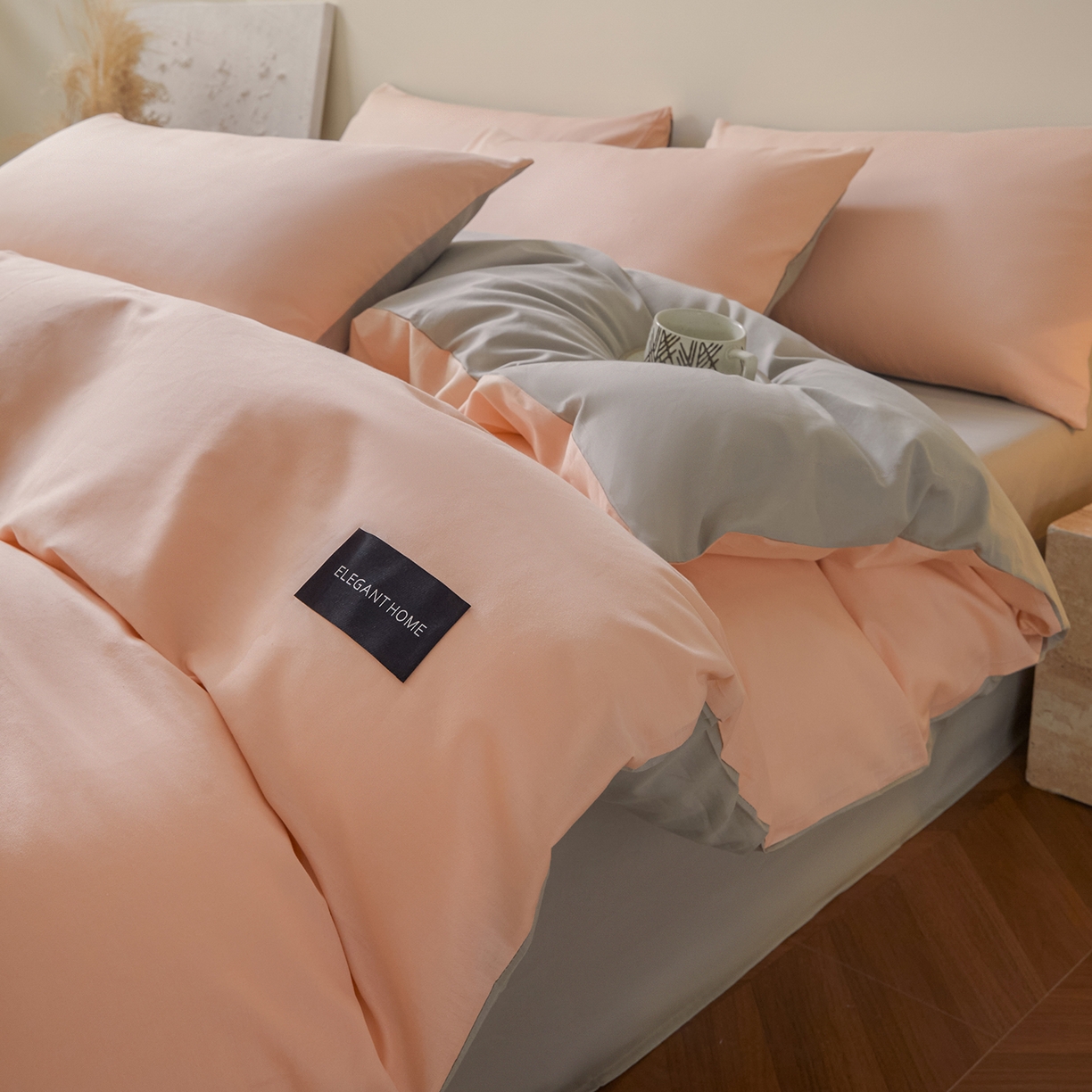 寐眠 2026新款全棉纯棉纯色双拼四件套 珊瑚粉忆