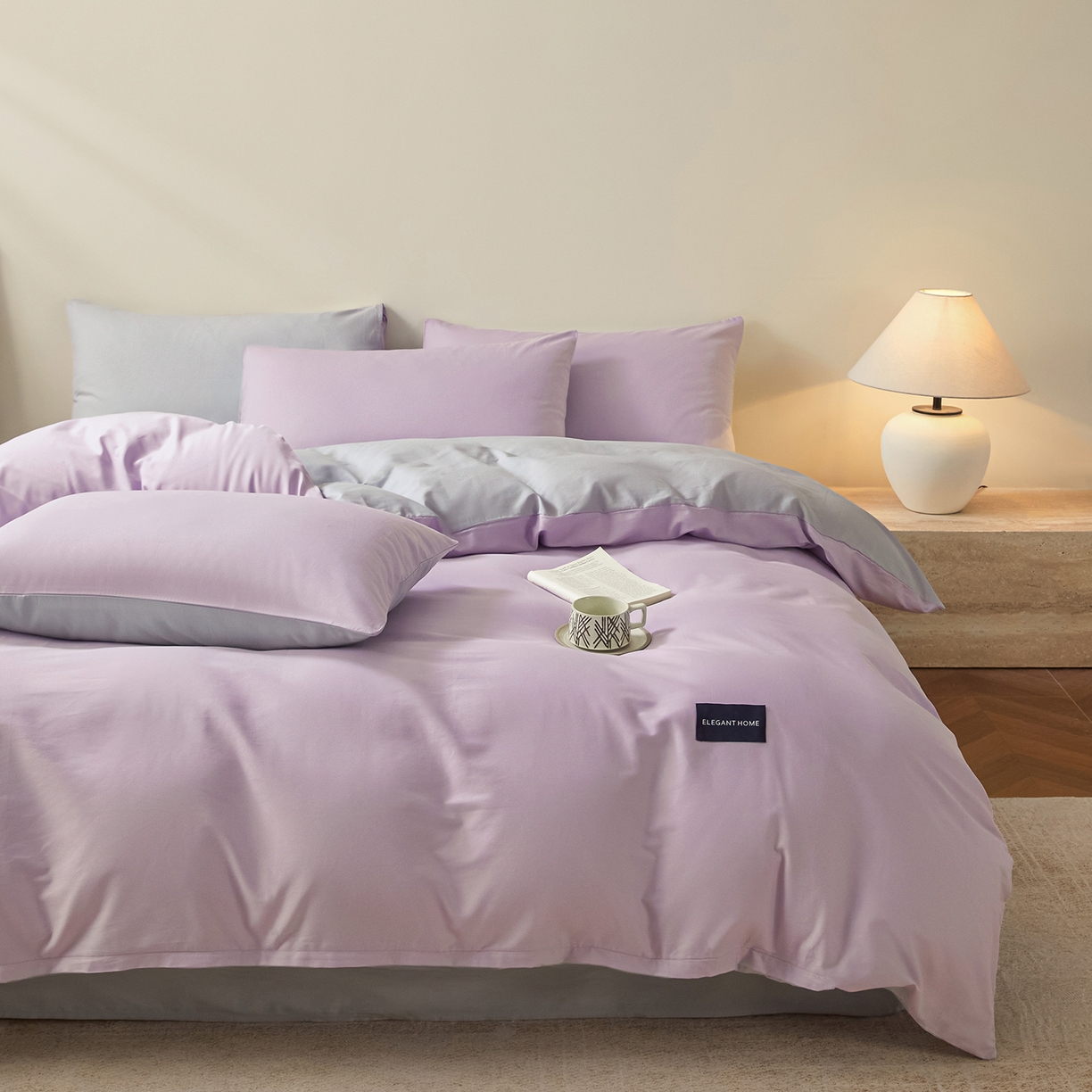 91家纺网 家纺一手货源 找家纺 寐眠 2026新款全棉纯棉纯色双拼四件套 紫梦柔纱