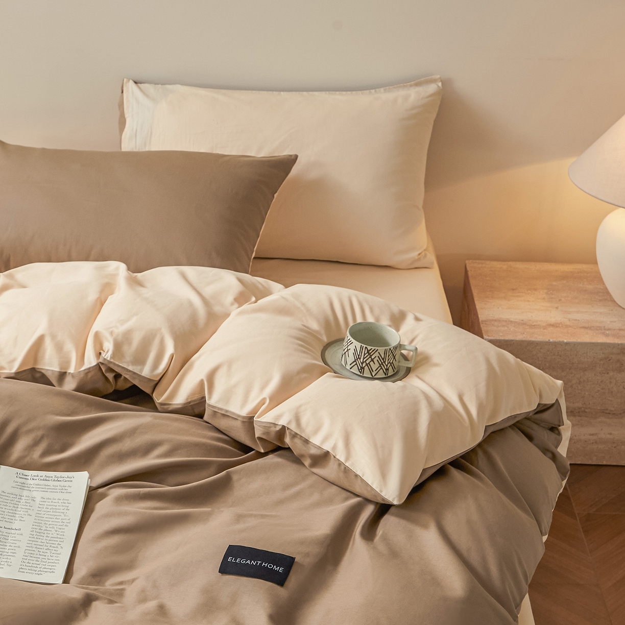 91家纺网 家纺一手货源 找家纺 寐眠 2026新款全棉纯棉纯色双拼四件套 暖棕卡其