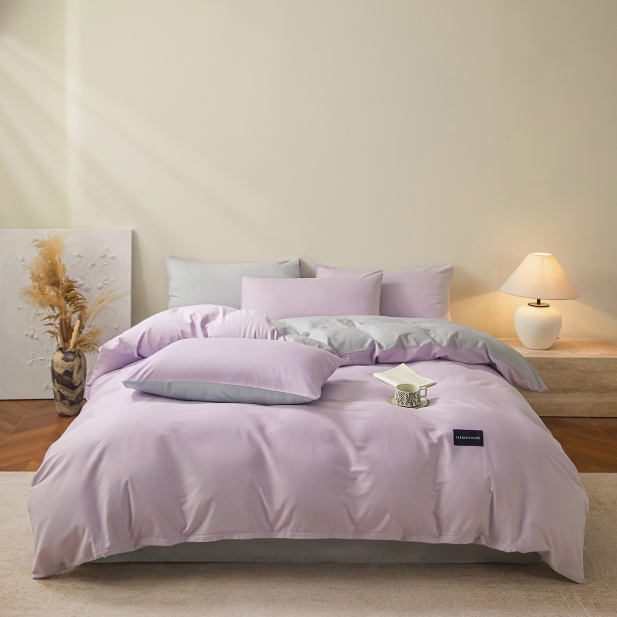 91家纺网 家纺一手货源 找家纺 寐眠 2026新款全棉纯棉纯色双拼四件套 紫梦柔纱