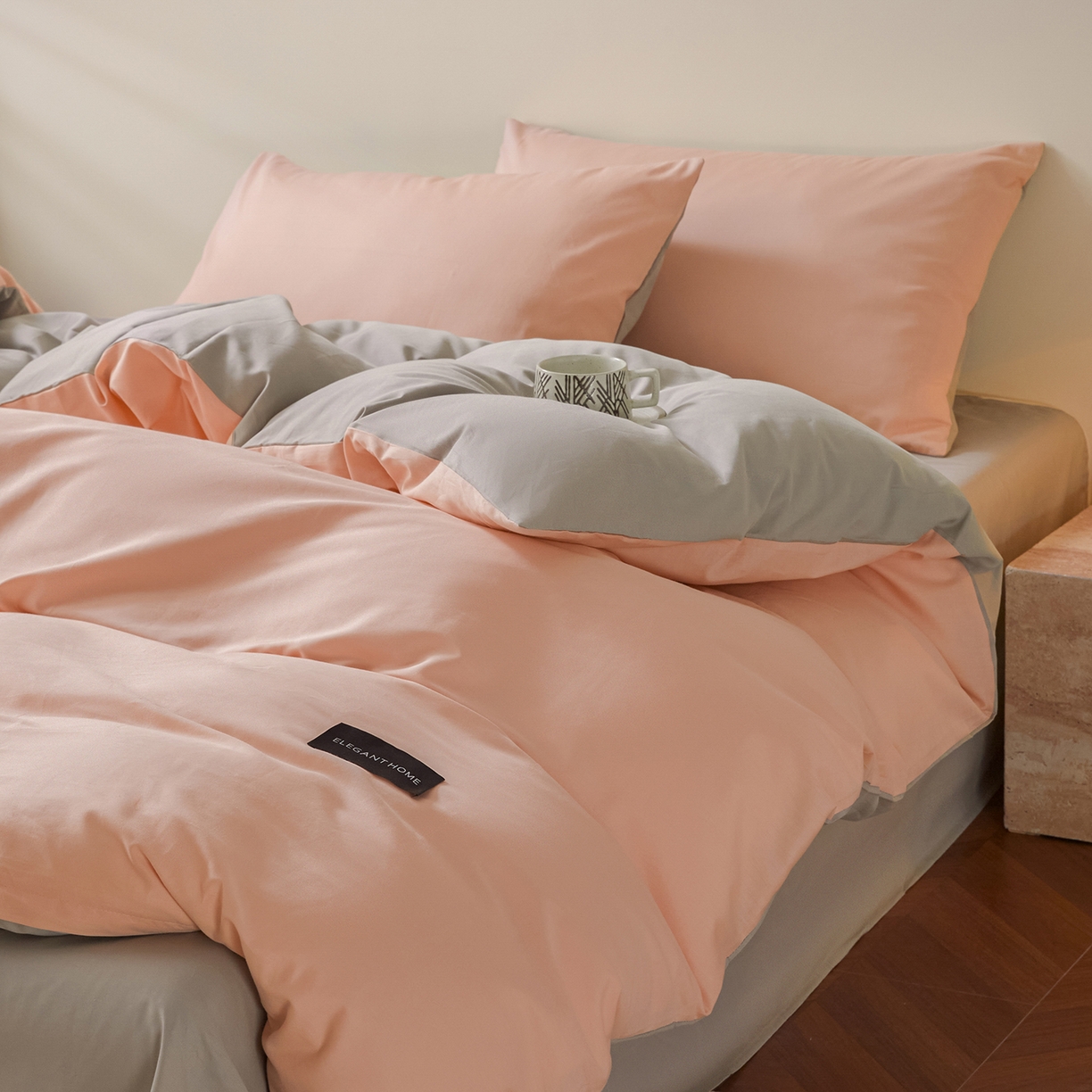 91家纺网 家纺一手货源 找家纺 寐眠 2026新款全棉纯棉纯色双拼四件套 珊瑚粉忆