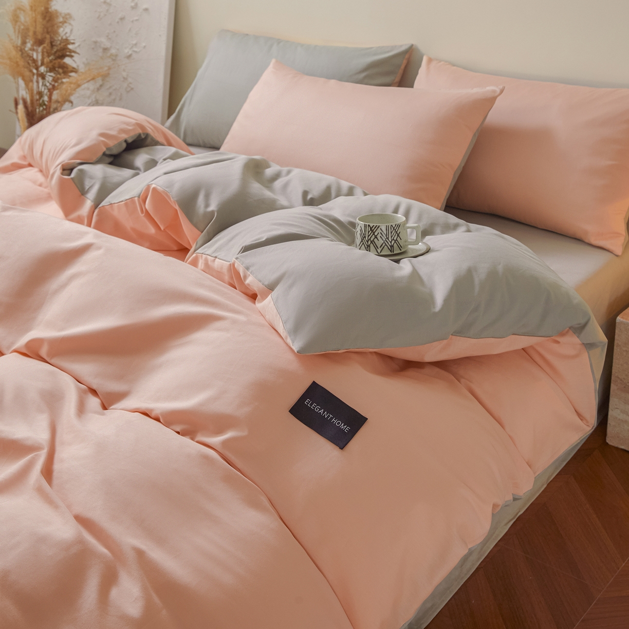 91家纺网 家纺一手货源 找家纺 寐眠 2026新款全棉纯棉纯色双拼四件套 珊瑚粉忆
