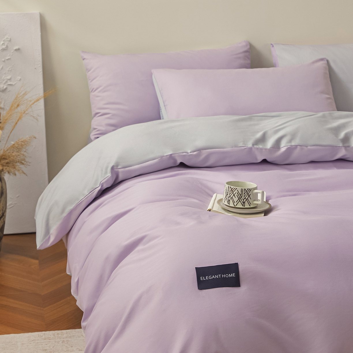 91家纺网 家纺一手货源 找家纺 寐眠 2026新款全棉纯棉纯色双拼四件套 紫梦柔纱