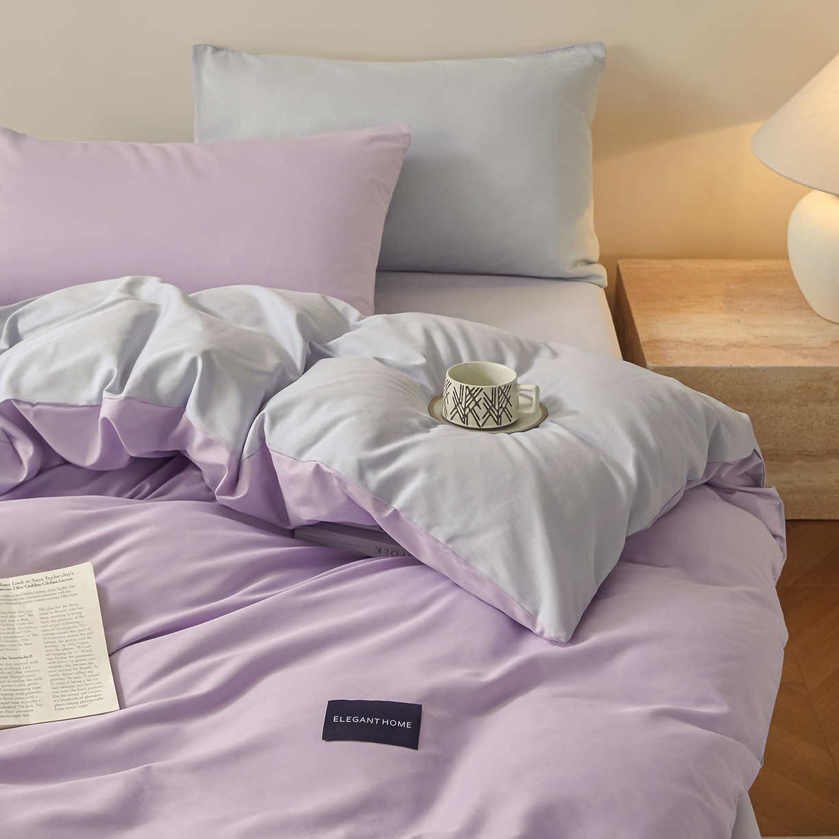 91家纺网 家纺一手货源 找家纺 寐眠 2026新款全棉纯棉纯色双拼四件套 紫梦柔纱