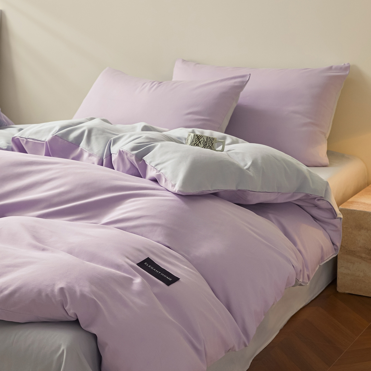 91家纺网 家纺一手货源 找家纺 寐眠 2026新款全棉纯棉纯色双拼四件套 紫梦柔纱