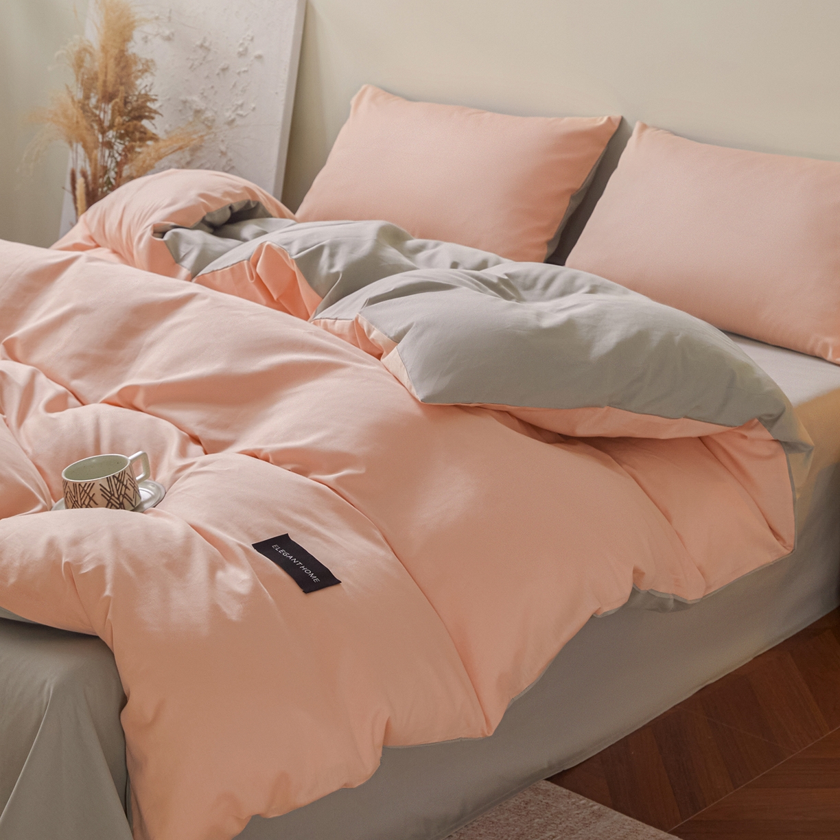 91家纺网 家纺一手货源 找家纺 寐眠 2026新款全棉纯棉纯色双拼四件套 珊瑚粉忆