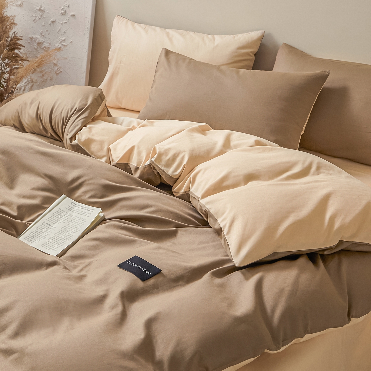 91家纺网 家纺一手货源 找家纺 寐眠 2026新款全棉纯棉纯色双拼四件套 暖棕卡其