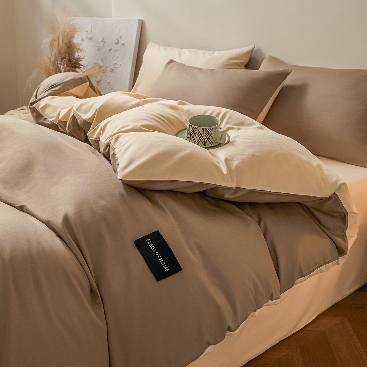 91家纺网 家纺一手货源 找家纺 寐眠 2026新款全棉纯棉纯色双拼四件套 暖棕卡其