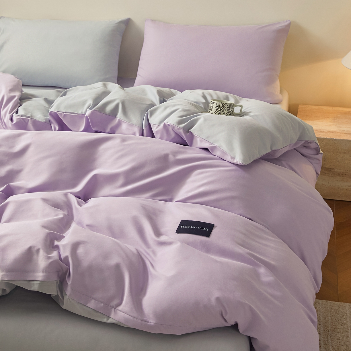 91家纺网 家纺一手货源 找家纺 寐眠 2026新款全棉纯棉纯色双拼四件套 紫梦柔纱