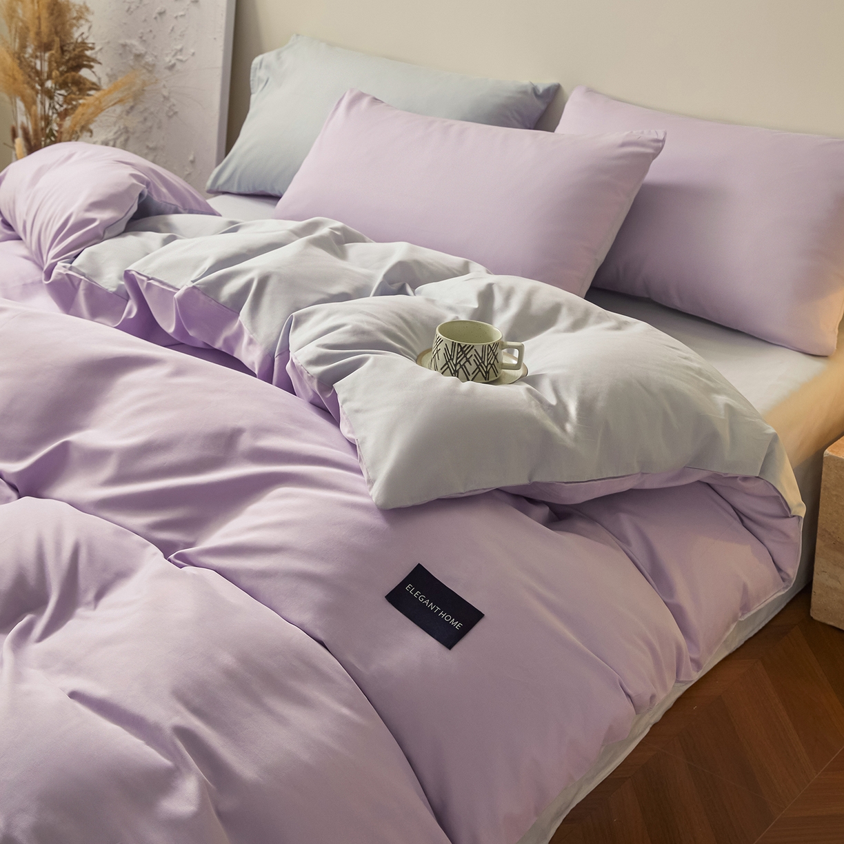 91家纺网 家纺一手货源 找家纺 寐眠 2026新款全棉纯棉纯色双拼四件套 紫梦柔纱