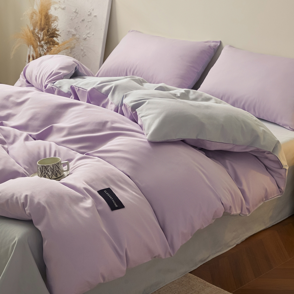91家纺网 家纺一手货源 找家纺 寐眠 2026新款全棉纯棉纯色双拼四件套 紫梦柔纱