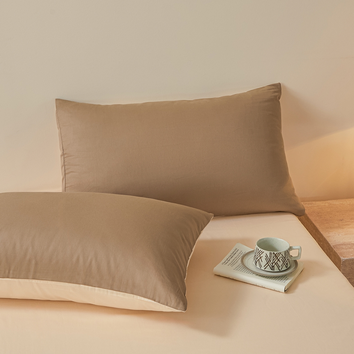 91家纺网 家纺一手货源 找家纺 寐眠 2026新款全棉纯棉纯色双拼四件套 暖棕卡其