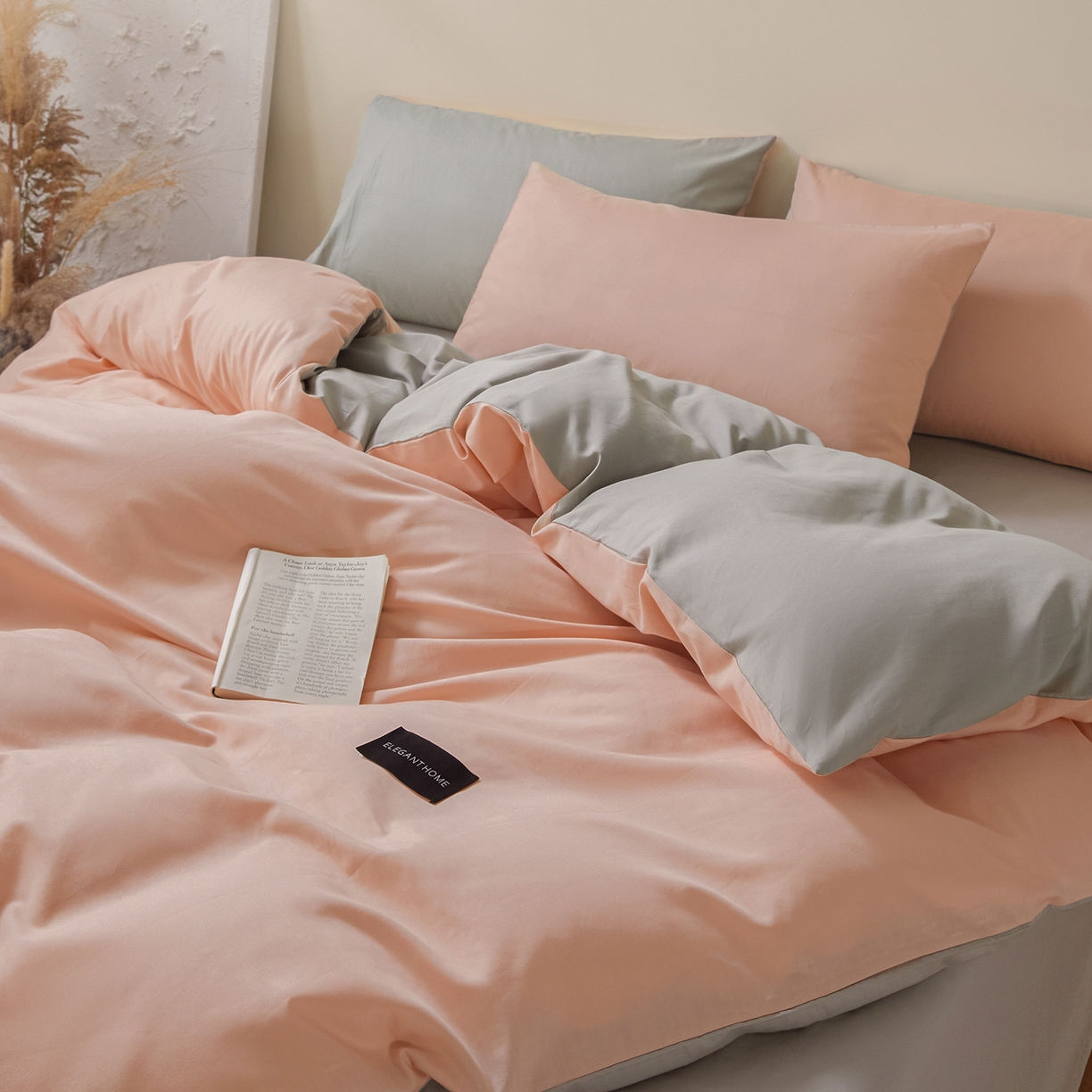 91家纺网 家纺一手货源 找家纺 寐眠 2026新款全棉纯棉纯色双拼四件套 珊瑚粉忆