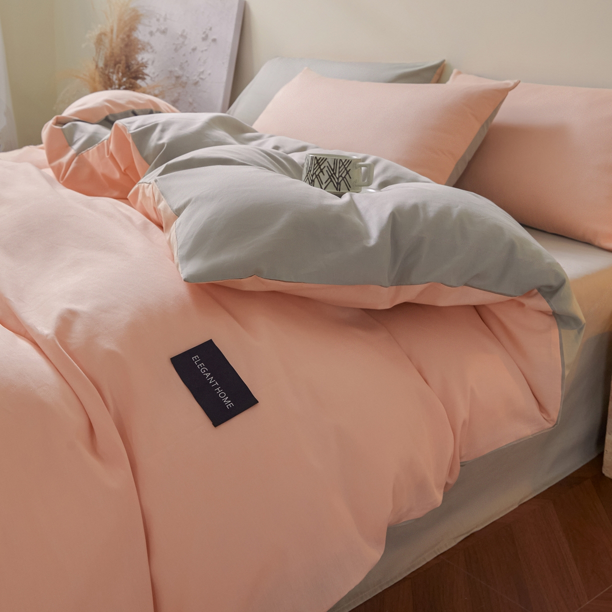 91家纺网 家纺一手货源 找家纺 寐眠 2026新款全棉纯棉纯色双拼四件套 珊瑚粉忆