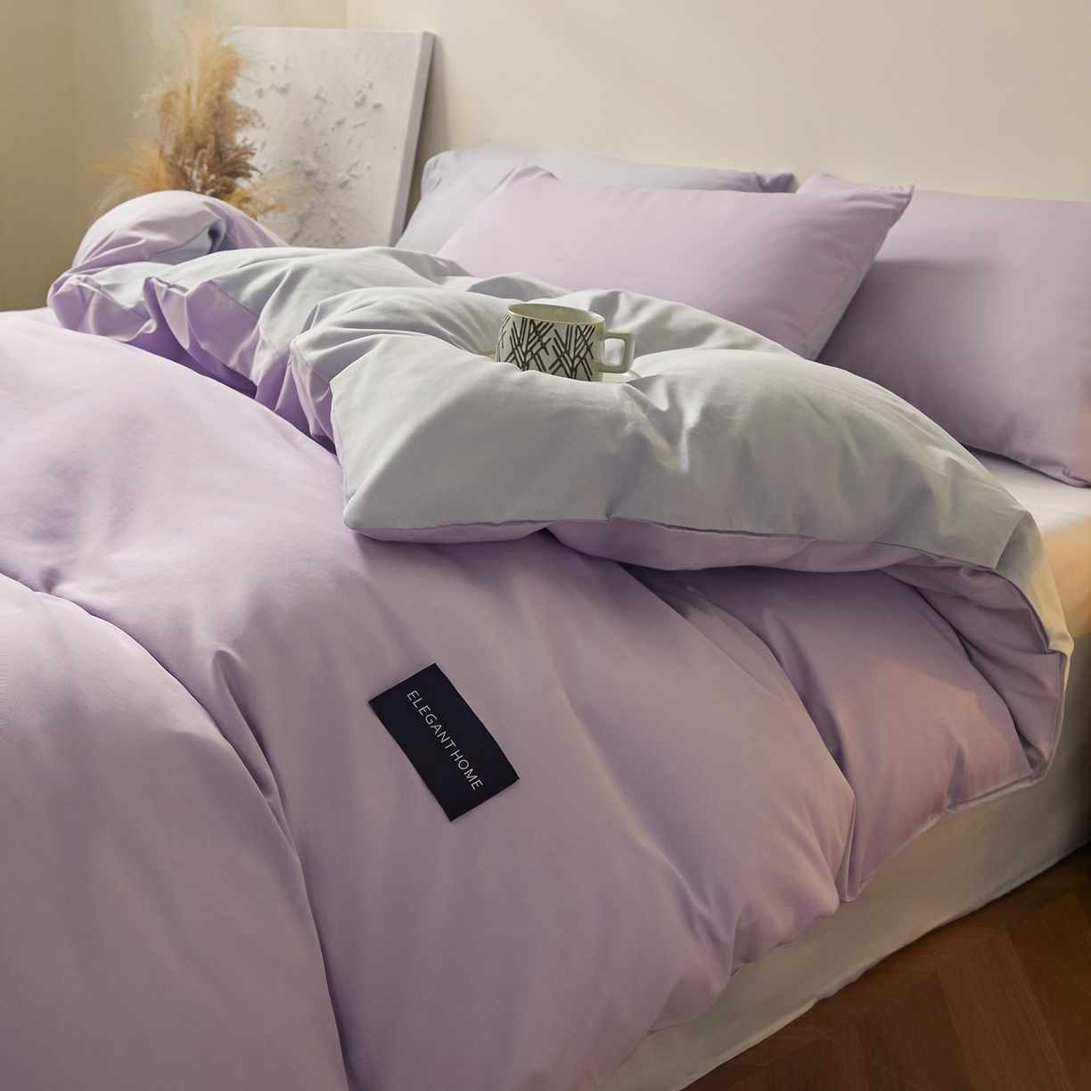 91家纺网 家纺一手货源 找家纺 寐眠 2026新款全棉纯棉纯色双拼四件套 紫梦柔纱