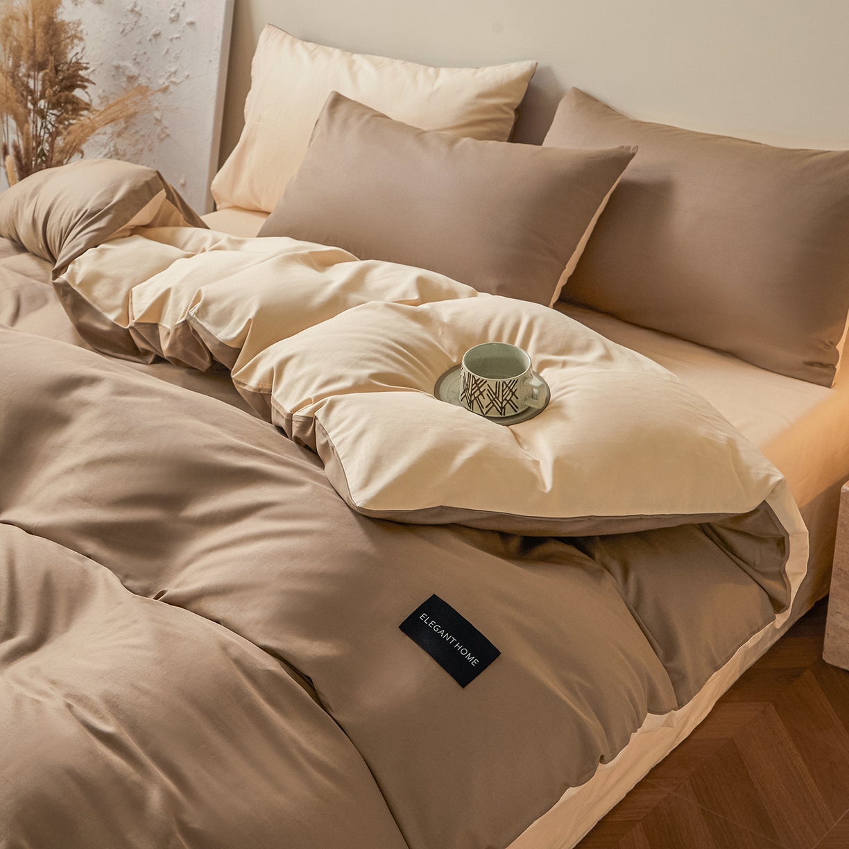 91家纺网 家纺一手货源 找家纺 寐眠 2026新款全棉纯棉纯色双拼四件套 暖棕卡其