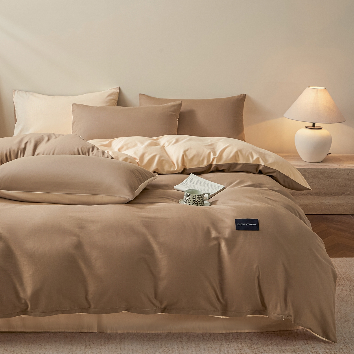 91家纺网 家纺一手货源 找家纺 寐眠 2026新款全棉纯棉纯色双拼四件套 暖棕卡其