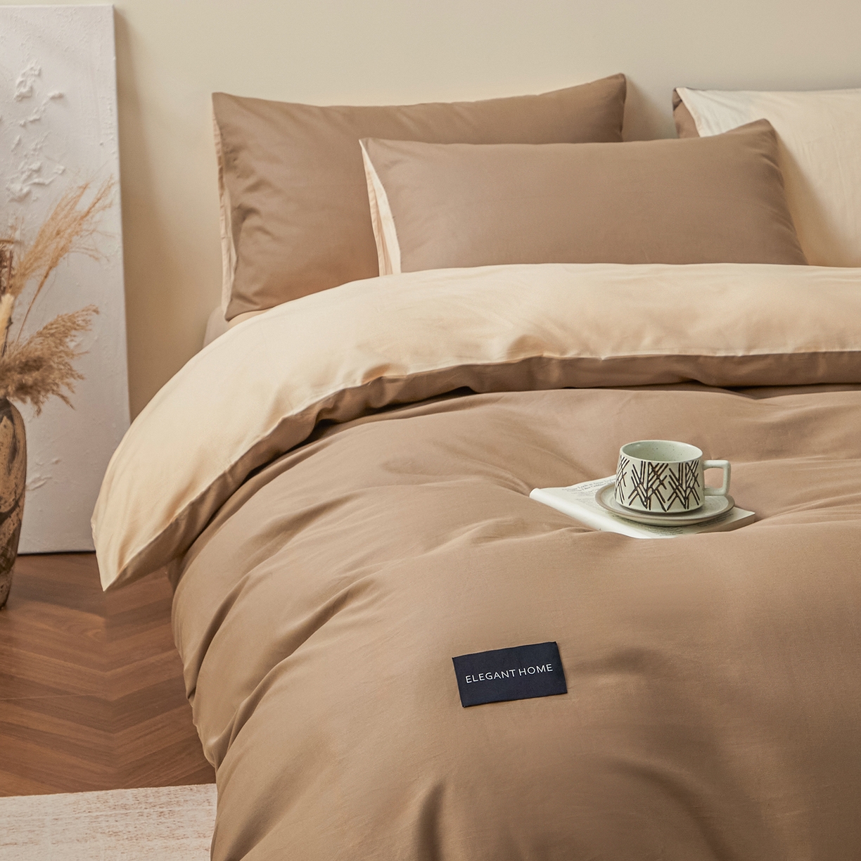 91家纺网 家纺一手货源 找家纺 寐眠 2026新款全棉纯棉纯色双拼四件套 暖棕卡其