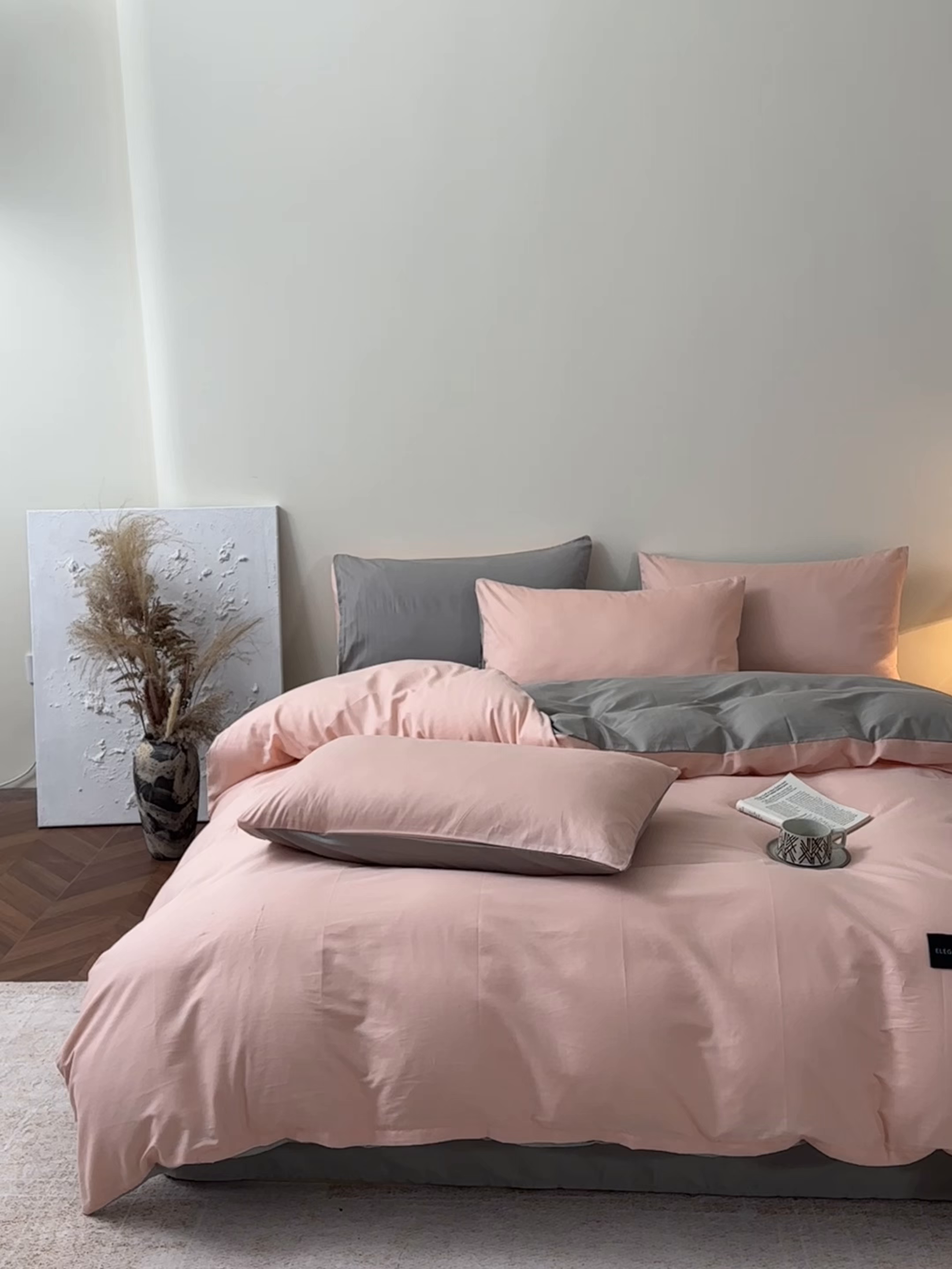 91家纺网 家纺一手货源 找家纺 寐眠 2026新款全棉纯棉纯色双拼四件套 珊瑚粉忆