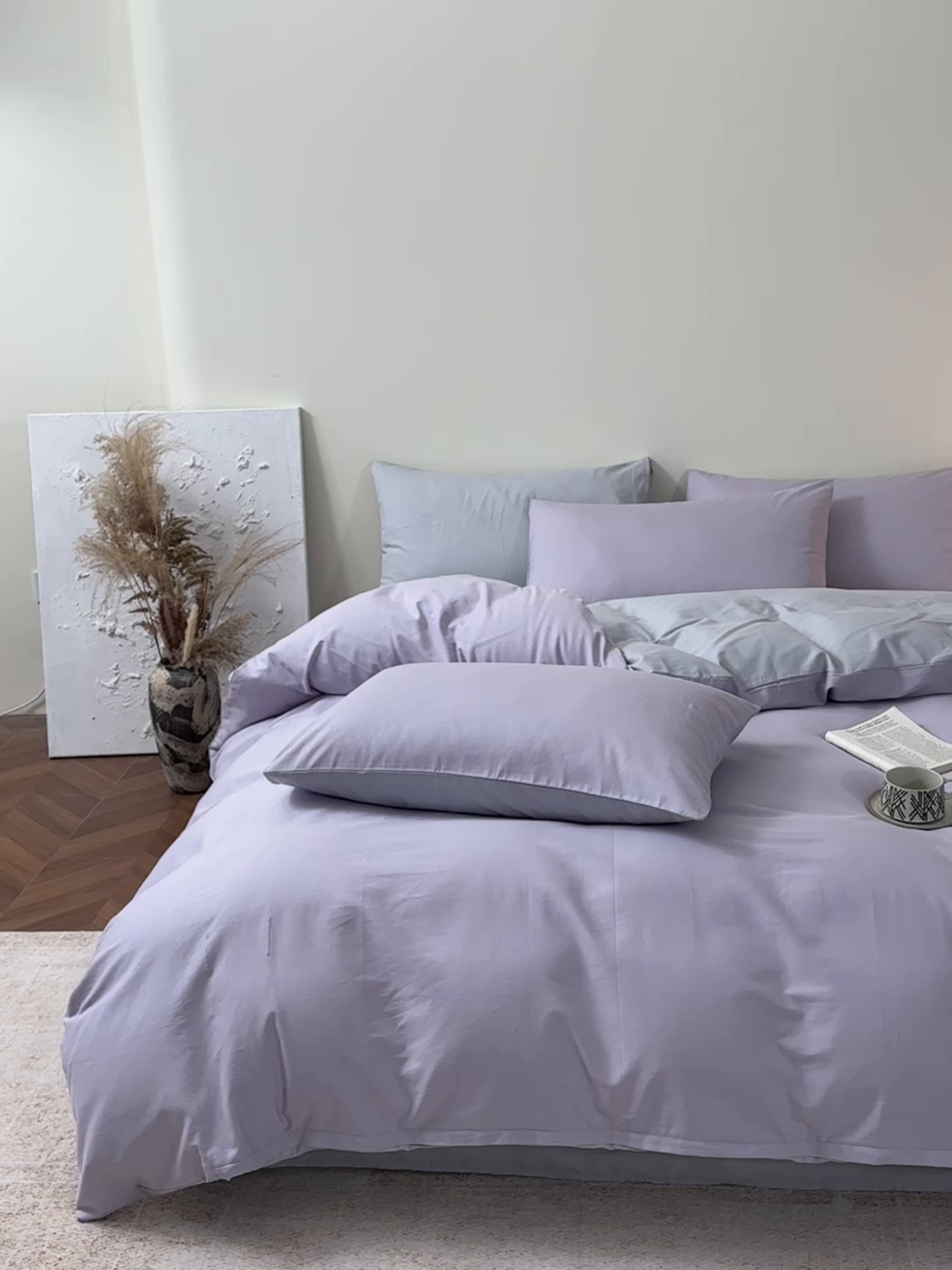 91家纺网 家纺一手货源 找家纺 寐眠 2026新款全棉纯棉纯色双拼四件套 紫梦柔纱