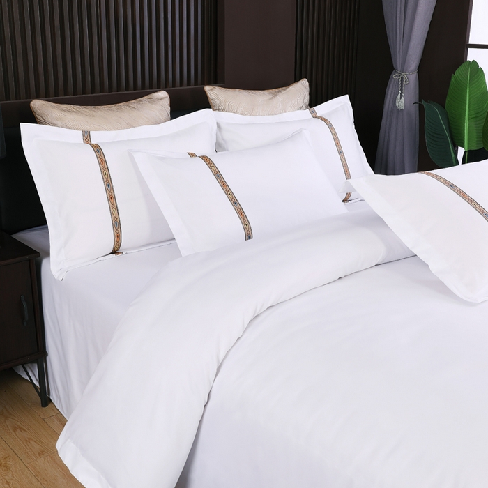 91家纺网 家纺一手货源 找家纺 好杰 2026新款加厚加密酒店布草织带四件套 好运连连