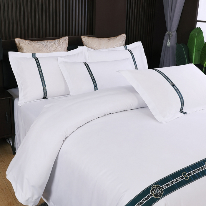 91家纺网 家纺一手货源 找家纺 好杰 2026新款加厚加密酒店布草织带四件套 花开富贵-绿