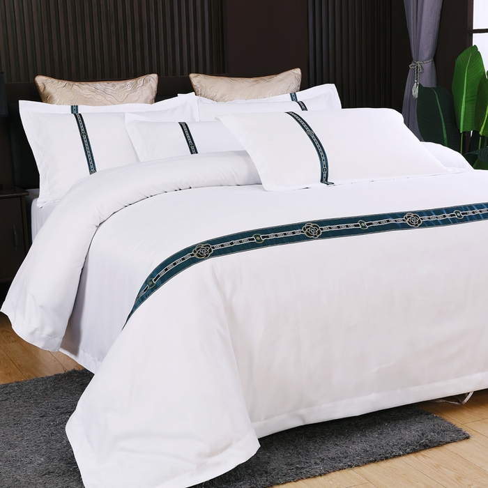 91家纺网 家纺一手货源 找家纺 好杰 2026新款加厚加密酒店布草织带四件套 花开富贵-绿