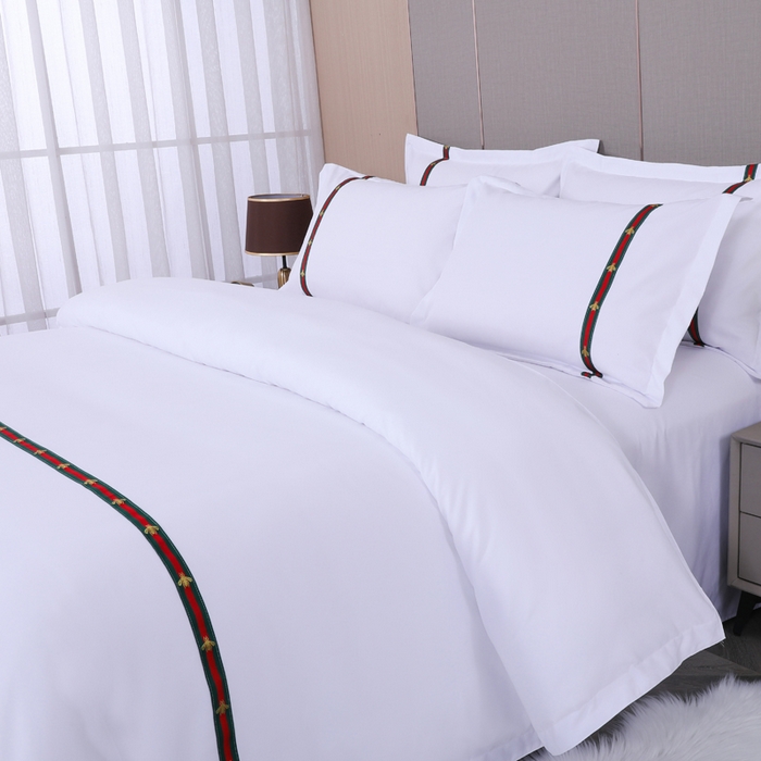 91家纺网 家纺一手货源 找家纺 好杰 2026新款加厚加密酒店布草织带四件套 金蜜彩蝶