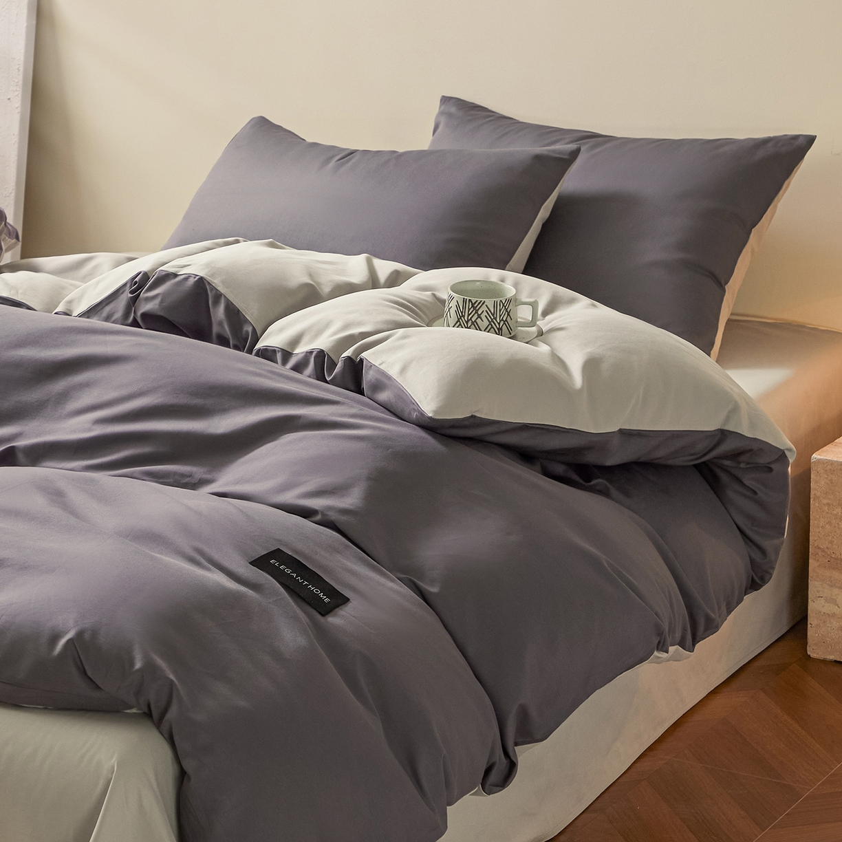 91家纺网 家纺一手货源 找家纺 寐眠 2026新款全棉纯棉纯色双拼四件套 灰调秘境