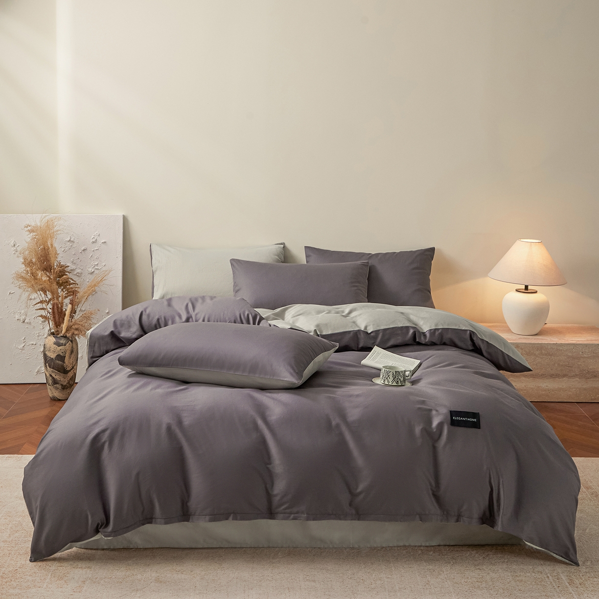 91家纺网 家纺一手货源 找家纺 寐眠 2026新款全棉纯棉纯色双拼四件套 灰调秘境