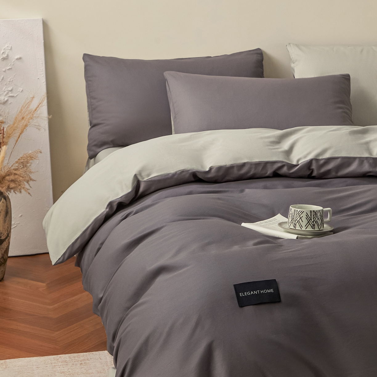 91家纺网 家纺一手货源 找家纺 寐眠 2026新款全棉纯棉纯色双拼四件套 灰调秘境